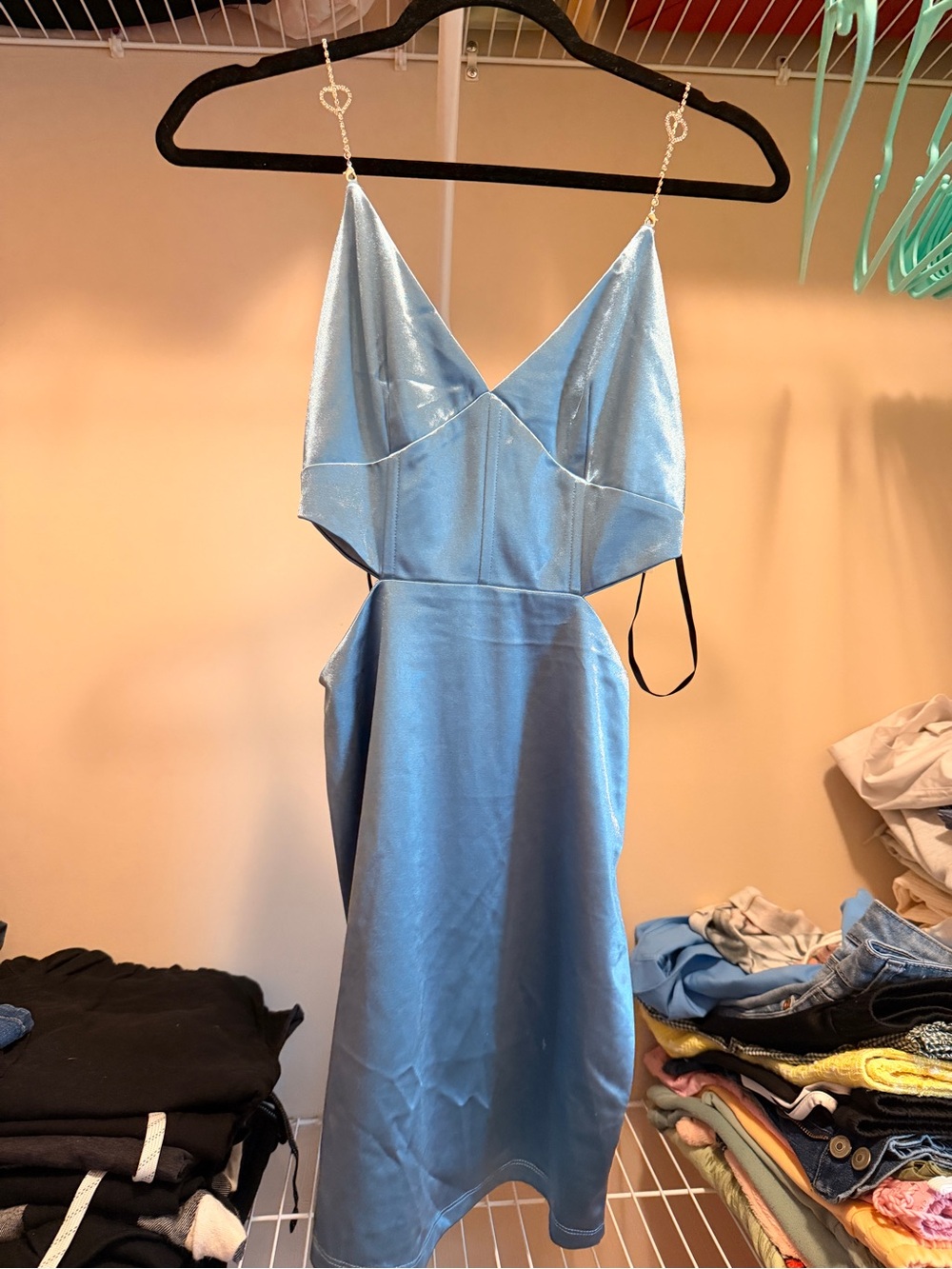 Forever 21 Light Blue Satin Midi Dress with Chain Spaghetti Straps
